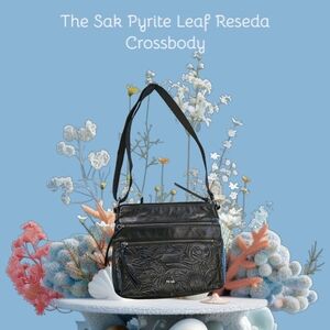 The Sak Black Reseda Multii Zip Embossed Leaf Detail Crossbody Purse 11" x 9"